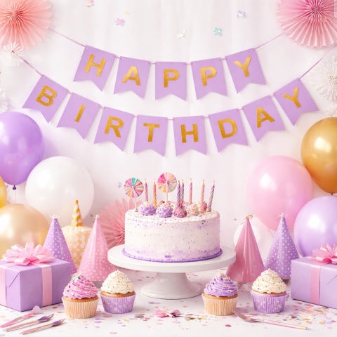 BANER URODZINOWY FIOLETOWY GIRLANDA HAPPY BIRTHDAY ZŁOTY NAPIS