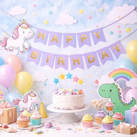 BANER URODZINOWY FIOLETOWY GIRLANDA HAPPY BIRTHDAY ZŁOTY NAPIS