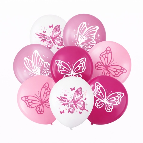 BALONY LATEKSOWE RÓŻOWE MOTYLE 30cm 8szt. BALONY Z MOTYLKAMI