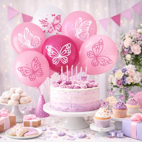 BALONY LATEKSOWE RÓŻOWE MOTYLE 30cm 8szt. BALONY Z MOTYLKAMI