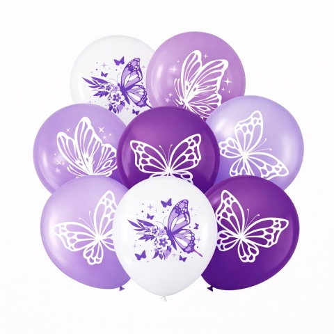BALONY LATEKSOWE FIOLETOWE MOTYLE 30cm 8szt. BALONY Z MOTYLKAMI