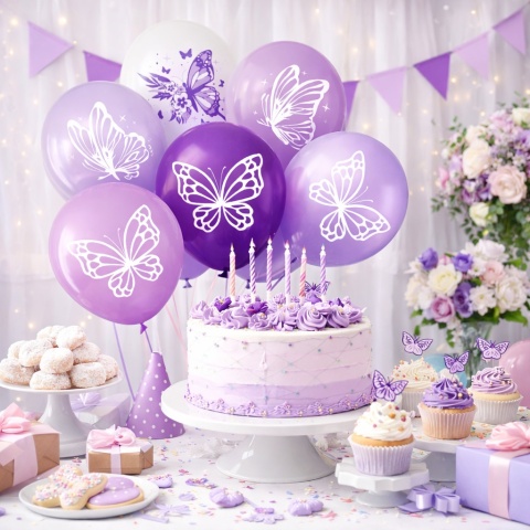 BALONY LATEKSOWE FIOLETOWE MOTYLE 30cm 8szt. BALONY Z MOTYLKAMI