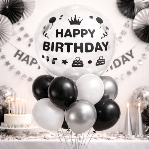 NAKLEJKI NA BALON BOBO CZARNE HAPPY BIRTHDAY NAKLEJKA NA BALON