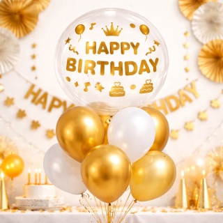 NAKLEJKI NA BALON BOBO ZŁOTE HAPPY BIRTHDAY NAKLEJKA NA BALON