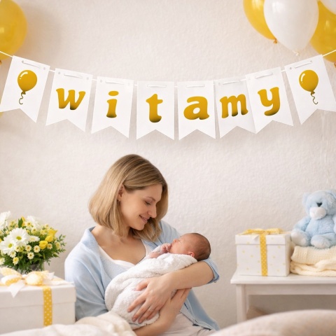 BANER POWITALNY WITAMY BIAŁY 100cm ZŁOTE BALONIKI I LITERY