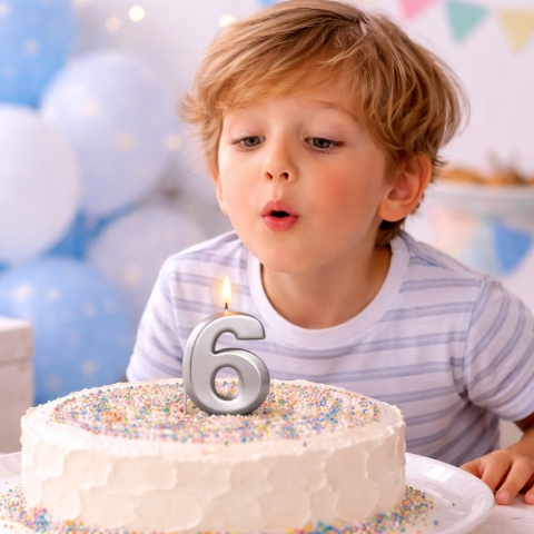 ŚWIECZKA CYFRA 6 SREBRNA 5cm ŚWIECZKA NA PIKU
