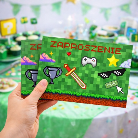 ZAPROSZENIA NA URODZINY PIXELE 5szt. ZAPROSZENIA Z MOTYWEM GIER
