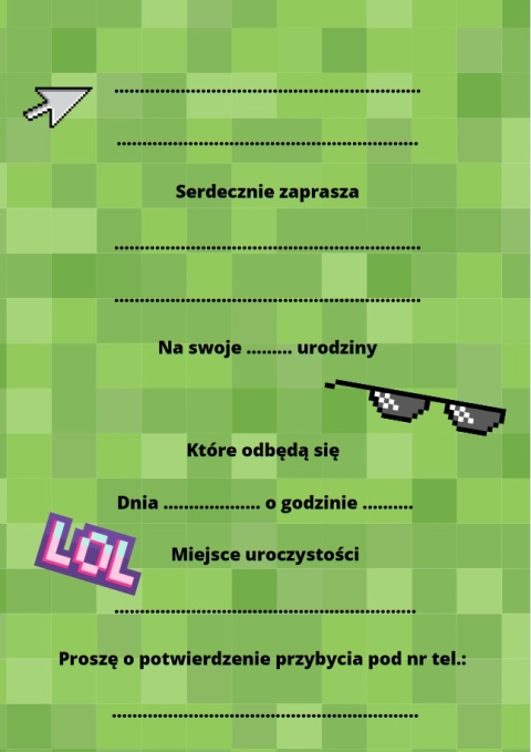 ZAPROSZENIA NA URODZINY PIXELE 5szt. ZAPROSZENIA Z MOTYWEM GIER