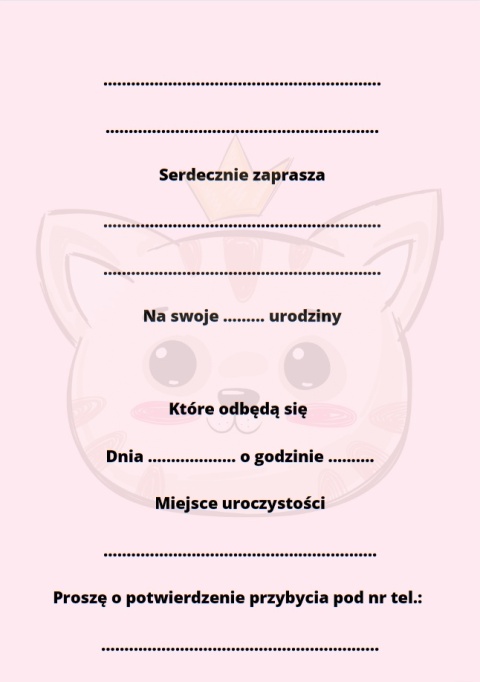 ZAPROSZENIA NA URODZINY KOTEK 5szt. ZAPROSZENIA Z KOTKIEM