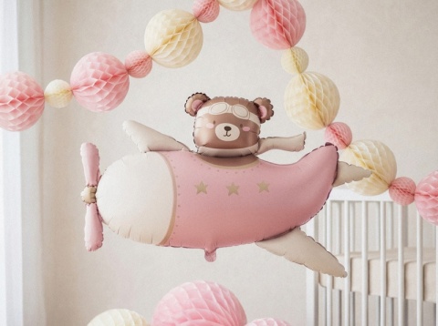 BALON MIŚ W RÓŻOWYM SAMOLOCIE 111cm BALON NA ROCZEK DZIEWCZYNKI
