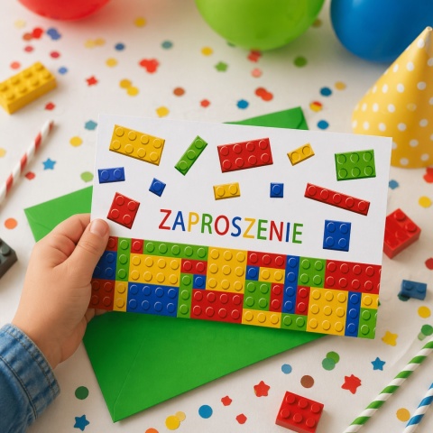 ZAPROSZENIA NA URODZINY KLOCKI 5szt. ZAPROSZENIA Z KLOCKAMI