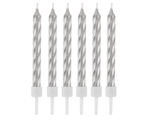 SREBRNE ŚWIECZKI Z PODSTAWKAMI 12szt. ŚWIECZKI SKRĘCANE 8cm