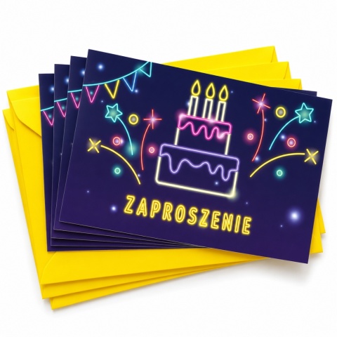 ZAPROSZENIA NA URODZINY NEON PARTY 5szt. ZAPROSZENIA URODZINOWE