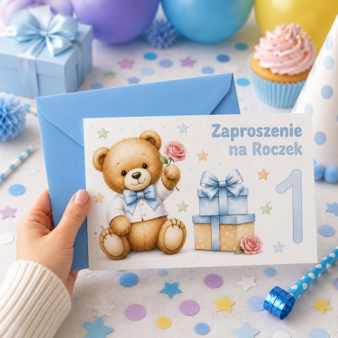 ZAPROSZENIA NA ROCZEK MIŚ 5szt. ZAPROSZENIA NA PIERWSZE URODZINY