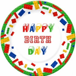 PAPIEROWE TALERZYKI W KLOCKI 18cm BRICK BIRTHDAY 8szt.