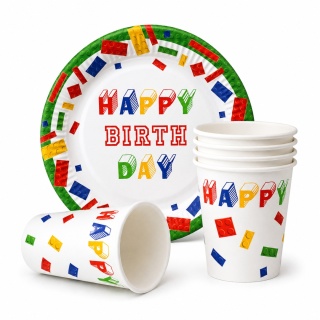 ZESTAW W KLOCKI TALERZYKI KUBECZKI JEDNORAZOWE BRICK BIRTHDAY