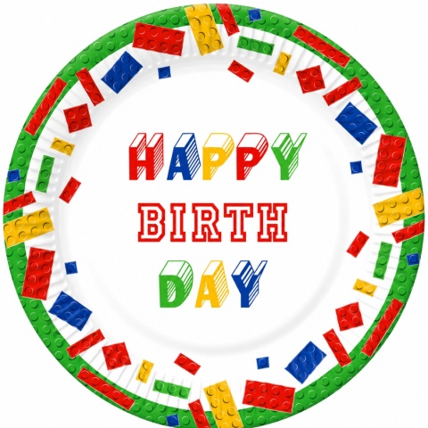 ZESTAW W KLOCKI TALERZYKI KUBECZKI JEDNORAZOWE BRICK BIRTHDAY