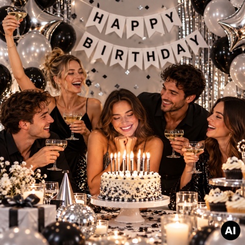SREBRNY BANER URODZINOWY GIRLANDA HAPPY BIRTHDAY