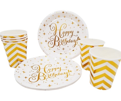 ZŁOTY ZESTAW TALERZYKI I KUBKI PAPIEROWE URODZINY