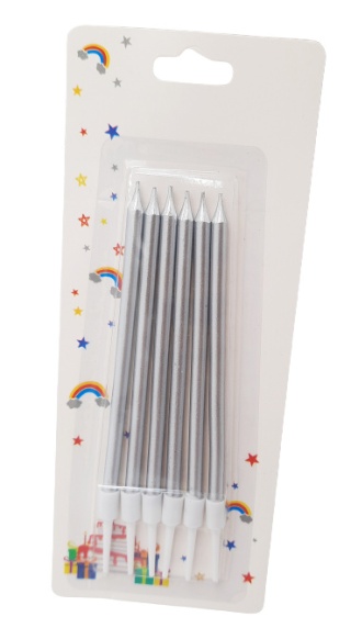 SREBRNE ŚWIECZKI URODZINOWE METALIZOWANE 6szt.