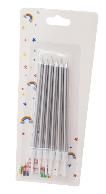 SREBRNE ŚWIECZKI URODZINOWE METALIZOWANE 6szt.