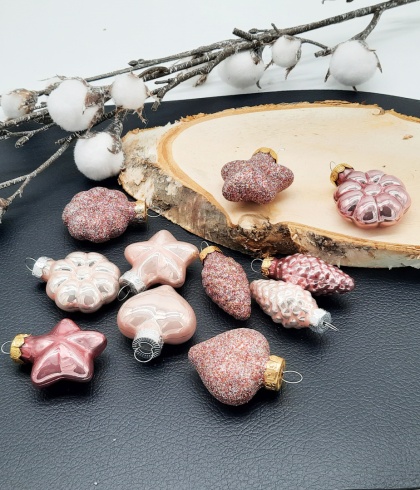 RÓŻOWE SZKLANE BOMBKI CHOINKOWE I DO STROIKÓW 12szt.