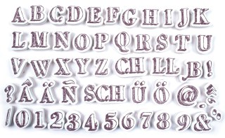 SCRAPBOOKING STEMPLE ALFABET I CYFRY 54szt. + GĄBKA Z TUSZEM