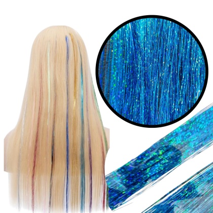 09 KOLOROWE WŁOSY PASEMKA LŚNIĄCE NITKI DO WŁOSÓW 90cm NIEBIESKIE