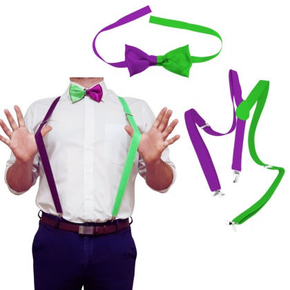 FIOLETOWO-ZIELONY ZESTAW SZELKI + MUCHA DLA MĘŻCZYZN PRZEBRANIE