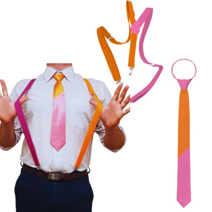 RÓŻOWO-POMARAŃCZOWY ZESTAW SZELKI + KRAWAT DLA MĘŻCZYZN PRZEBRANIE