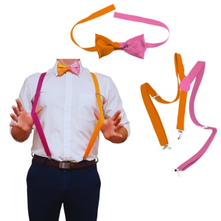 RÓŻOWO-POMARAŃCZOWY ZESTAW SZELKI + MUCHA DLA MĘŻCZYZN PRZEBRANIE