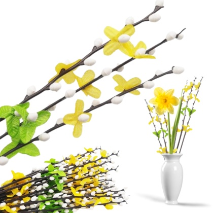 GAŁĄZKA OZDOBNA BAZIE Z FORSYCJĄ 3szt. DEKORACJA 47cm NA WIELKANOC