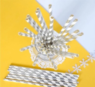 BIAŁO-SREBRNE SŁOMKI PAPIEROWE 25szt. SŁOMKI JEDNORAZOWE