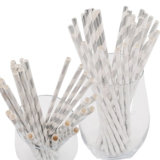 BIAŁO-SREBRNE SŁOMKI PAPIEROWE 25szt. SŁOMKI JEDNORAZOWE