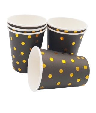 KUBKI PAPIEROWE CZARNE W ZŁOTE KROPKI 6szt. KUBECZKI JEDNORAZOWE