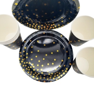 ZESTAW IMPREZOWY CZARNY W KROPKI TALERZYKI KUBECZKI JEDNORAZOWE