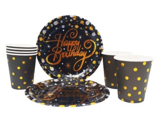 ZESTAW URODZINOWY HAPPY BIRTHDAY CZARNY TALERZYKI KUBECZKI JEDNORAZOWE