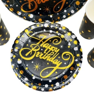 ZESTAW URODZINOWY HAPPY BIRTHDAY CZARNY TALERZYKI KUBECZKI JEDNORAZOWE