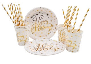 ZESTAW URODZINOWY HAPPY BIRTHDAY ZŁOTY TALERZYKI KUBECZKI SŁOMKI TALERZYKI URODZINOWE