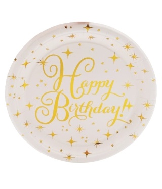 ZESTAW URODZINOWY HAPPY BIRTHDAY ZŁOTY TALERZYKI KUBECZKI SŁOMKI TALERZYKI URODZINOWE