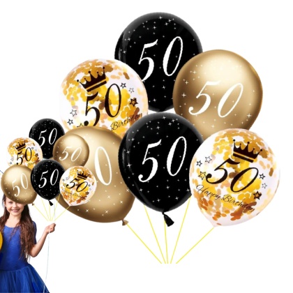 ZESTAW BALONÓW NA 50 URODZINY Z NADRUKIEM I KONFETTI 6sztuk