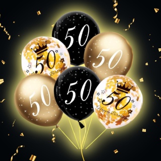 ZESTAW BALONÓW NA 50 URODZINY Z NADRUKIEM I KONFETTI 6sztuk