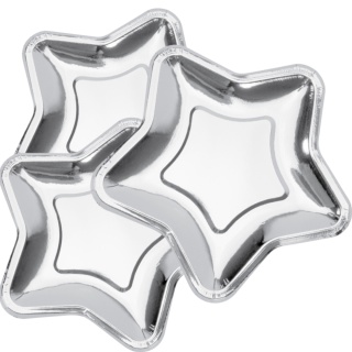 TALERZYKI PAPIEROWE SREBRNE GWIAZDKI 6szt. TALERZYKI URODZINOWE 18cm