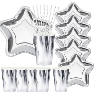ZESTAW NACZYŃ JEDNORAZOWYCH SREBRNA GWIAZDA TALERZYKI KUBECZKI JEDNORAZOWE