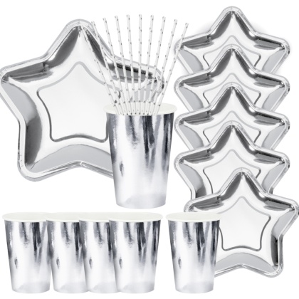 ZESTAW NACZYŃ JEDNORAZOWYCH SREBRNA GWIAZDA TALERZYKI KUBECZKI JEDNORAZOWE