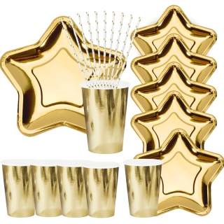 ZESTAW NACZYŃ JEDNORAZOWYCH ZŁOTA GWIAZDA TALERZYKI KUBECZKI JEDNORAZOWE