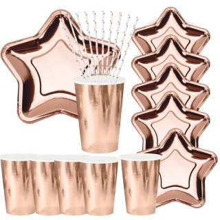 ZESTAW NACZYŃ JEDNORAZOWYCH RÓŻOWE ZŁOTO GWIAZDA TALERZYKI KUBECZKI JEDNORAZOWE