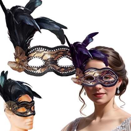 05 MASKA WENECKA KARNAWAŁOWA ZŁOTA Z KORONKĄ I PIÓREM