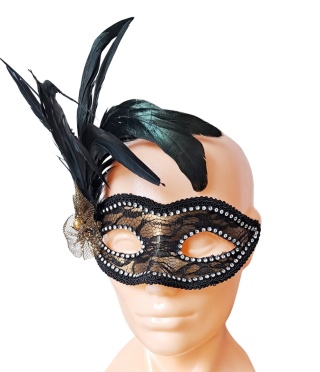 05 MASKA WENECKA KARNAWAŁOWA ZŁOTA Z KORONKĄ I PIÓREM