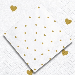 BIAŁE SERWETKI W ZŁOTE SERDUSZKA 20szt. 33x33cm TRÓJWARSTWOWE